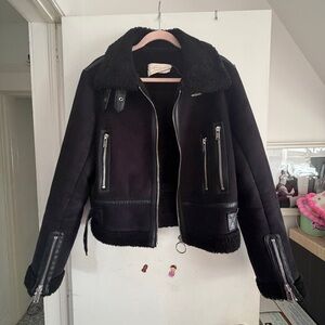 Black Faux Suede Shearling Moto Jacket || ZARA || size L